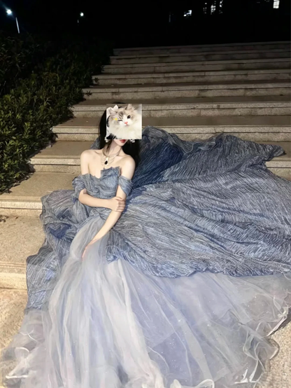 Chic Blue Off-the-Shoulder Ball Gown Party Dress Organza Asymmetrical Ruffle Layered Tulle Fairy Wedding Guest Gown SP2735