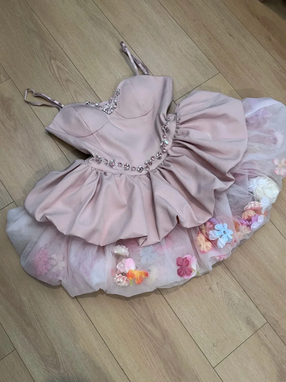 Sweet Pink Short Homecoming Dress Spaghetti Straps Pleated Floral Short Prom Dress SP3789