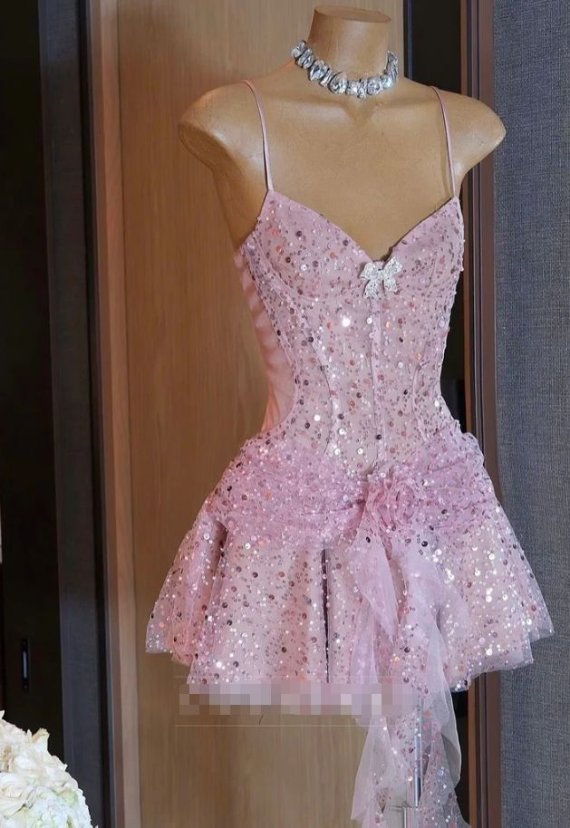 Charming Spaghetti Straps Pink Sequin A Line Short Homecoming Dress Birthday Outfits SP2618