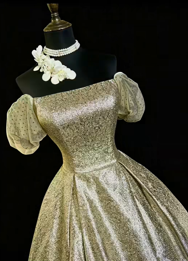 Gorgeous Gold Ball Gown Satin Sequin Long Party Dress Prom Dress SP2763