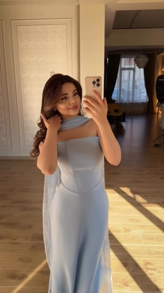Pretty Strapless Blue Satin Mermaid Long Wedding Guest Dress Evening Dress With Lace Scarf SP1743