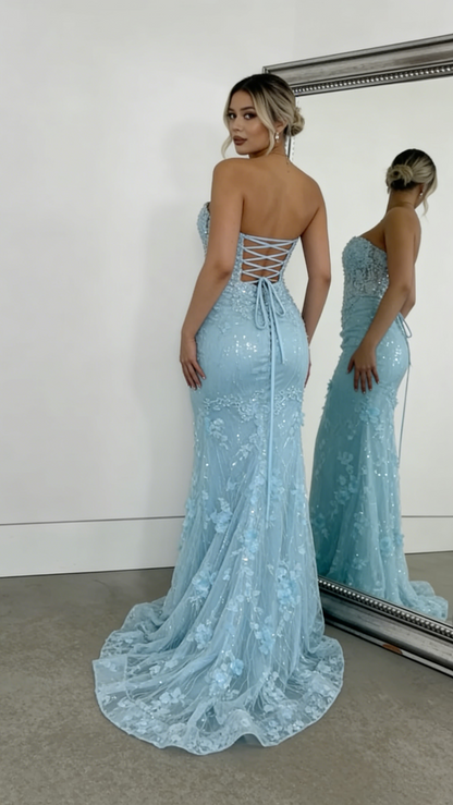 Sparkly Light Blue Mermaid Tulle Appliques Evening Gown Formal Prom Dress Y7871