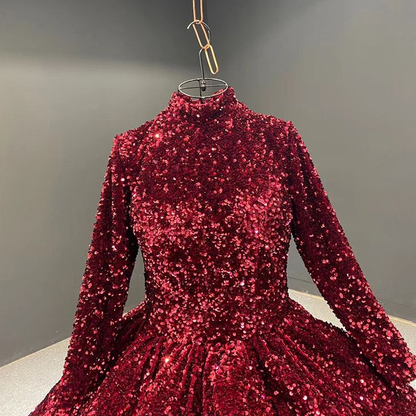 Burgundy Ball Gown Sequin Long Sleeve Quinceanera Dresses Y4442