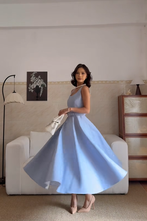 Sweet Blue Sleeveless Satin A Line Birthday Dress Long Party Gowns SP2071