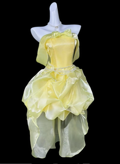 Chic Yellow Satin Organza Pleated Short 8th Grade Homecoming Dress,Off The Shoulder Short Birthday Outfits SP3529