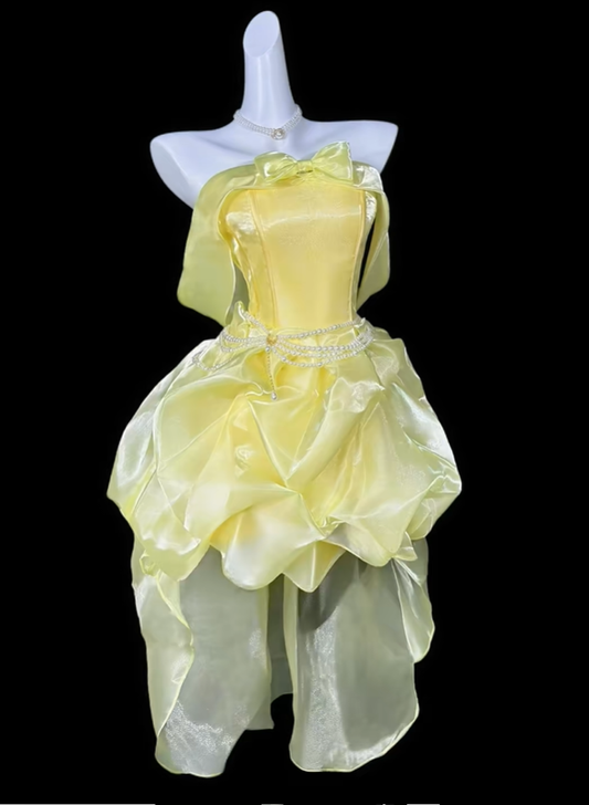 Chic Yellow Satin Organza Pleated Short 8th Grade Homecoming Dress,Off The Shoulder Short Birthday Outfits SP3529