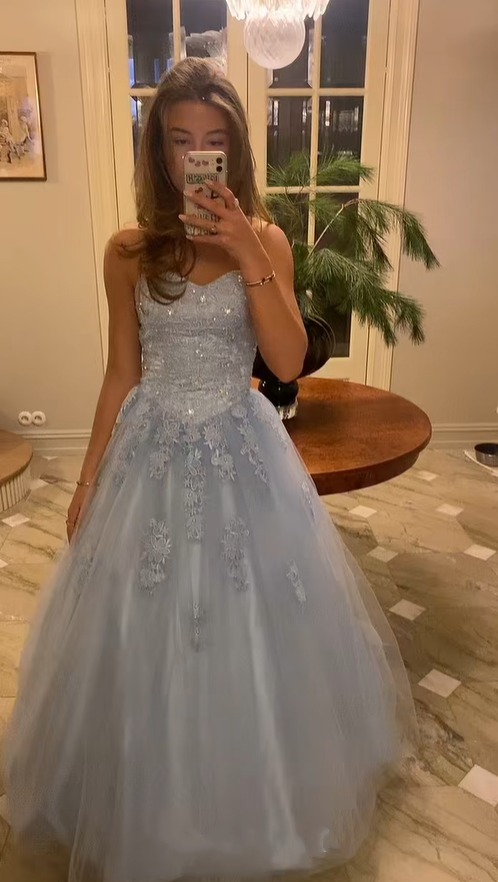Fairy Blue Strapless Tulle Appliques Beaded A Line Long Prom Dress Birthday Party Dress SP2111