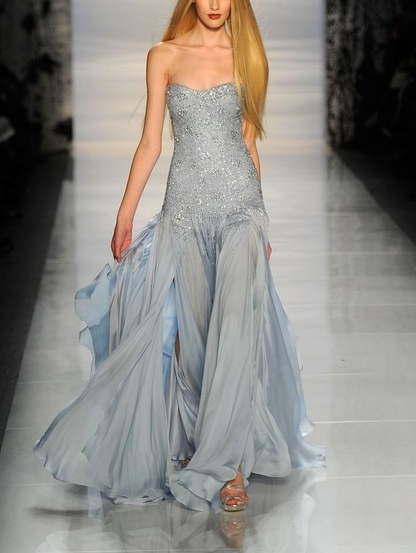 Pretty Strapless Chiffon Beaded Slit Mermaid Party Dress Blue Long Birthday Prom Dress SP4280