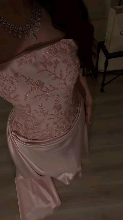 Charming Pink Satin Beaded Mermaid Long Party Dress Strapless Birthday Prom Dress SP4172