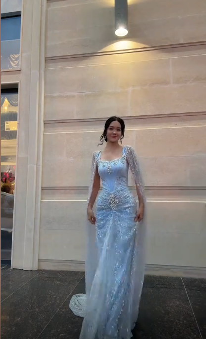 Elegant Blue Satin Tulle Sequin Beaded Long Party Dress Birthday Prom Dresses SP3996
