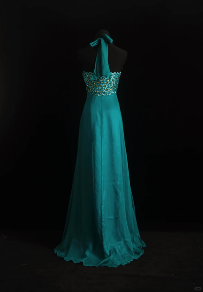Chic Halter Teal Chiffon Beaded Embroidery Long Birthday Party Dress Prom Gowns SP2153