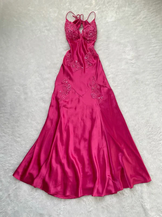 Charming Hot Pink Long Evening Gown Beaded Prom Dress Party Dress Y7526