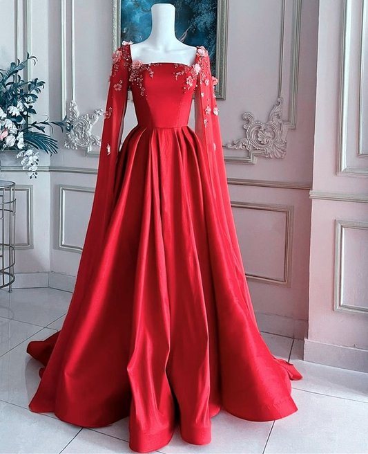 Gorgeous Red Satin Appliques Prom Dress,Formal A Line Party Evening Dress With Cape Y7593