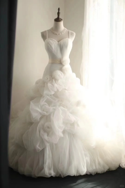 Gorgeous White Spaghetti Straps Tulle Pleated A Line Formal Long Wedding Dress Y9034