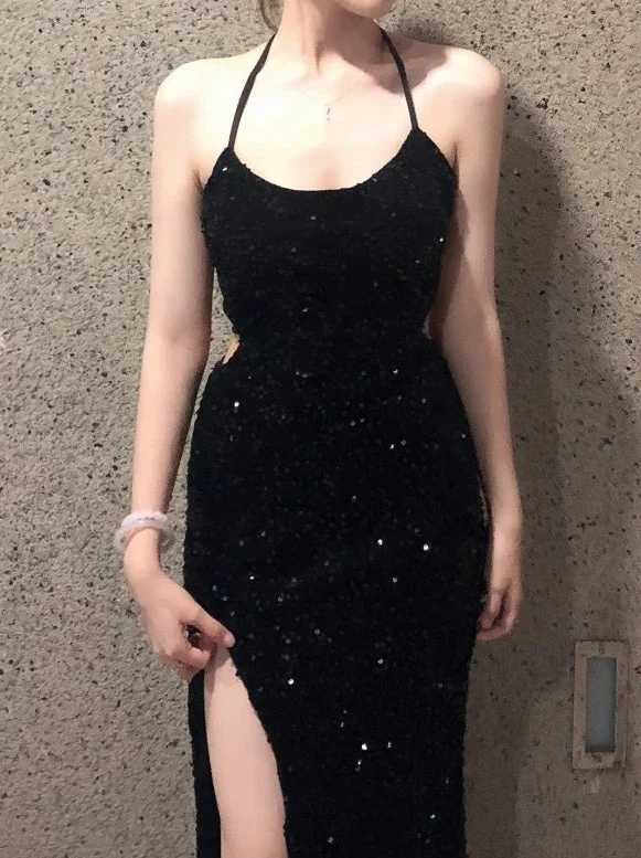 Sexy Black Spaghetti Straps Sequins Backless Mermaid Slit Long Prom Dress Party Dress SP3876