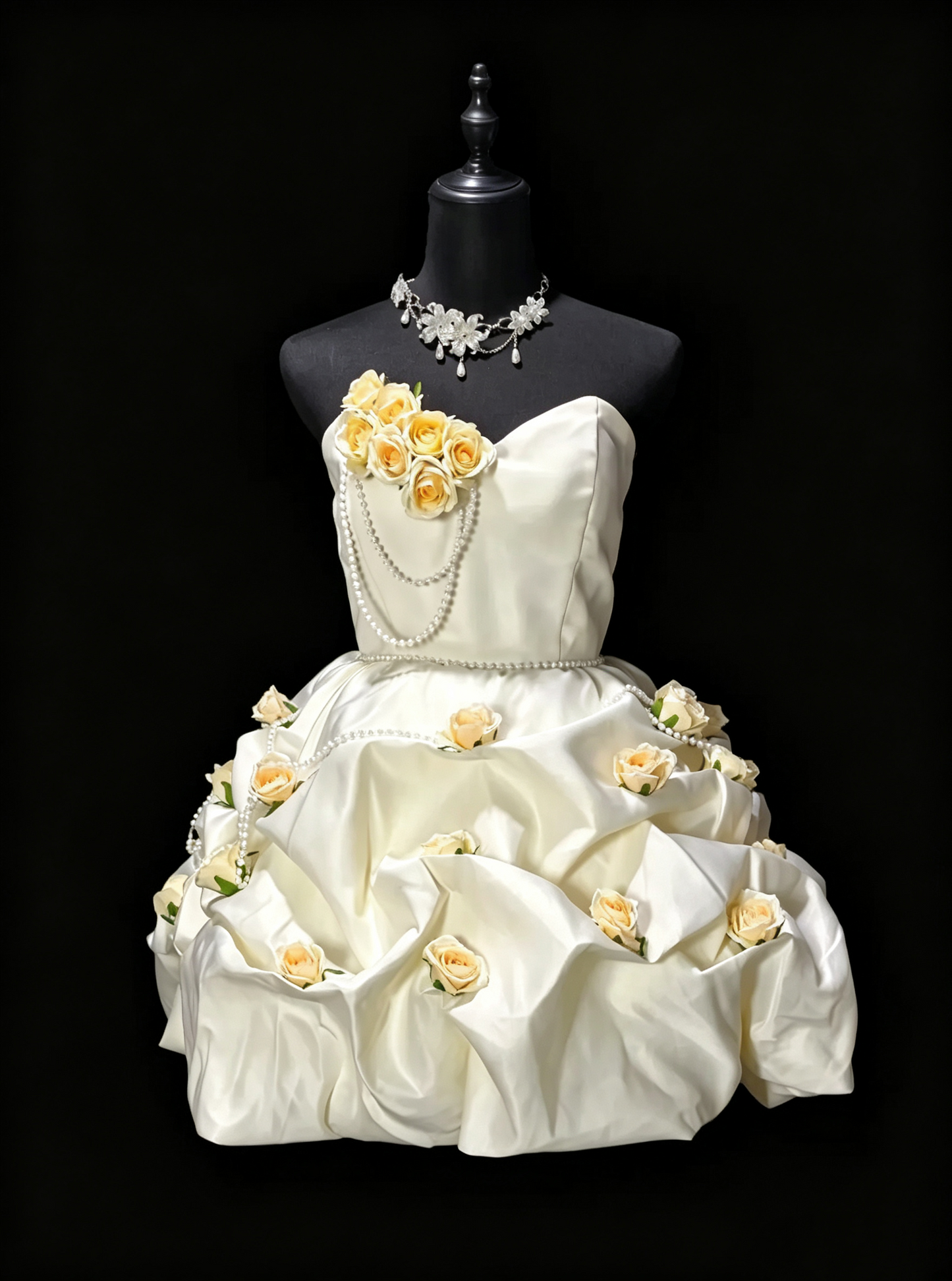 Cute Off White Strapless Satin Pleated A Line Short Graduation Homecoming Dress With 3D Flowers SP3165