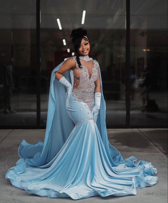 Sky Blue Velvet Silver Crystal Evening Dress,Luxurious Evening Gown Y5764