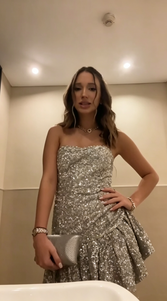 Sparkly Silver Sequin A Line Short Homecoming Dress,Strapless Short Prom Gown SP2890