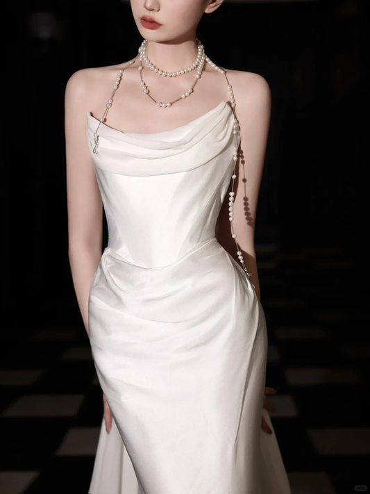 Classy White Satin Chiffon Mermaid Strapless Long Wedding Dress Y8591