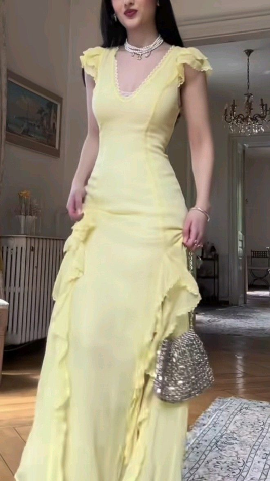 Charming V Neck Yellow Chiffon Ruffles Slit Long Evening Dress Party Gown SP230