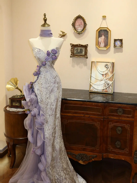 Glamorous Strapless Purple Satin Tulle Mermaid Prom Dress Evening Dress With Flowers Y8601