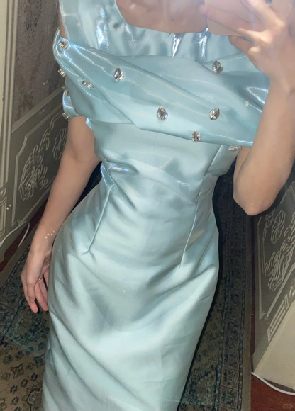 Gorgeous Blue Satin Beaded Mermaid Long Party Dress Formal Guest Dress  SP300