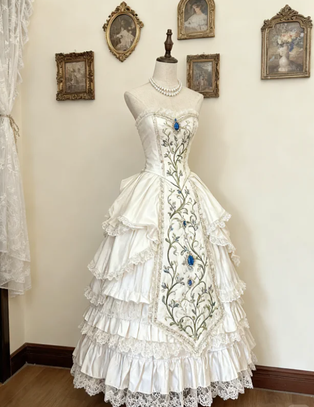 Unique Strapless White Satin Lace Layered Formal Quinceanera Dress Ball Gown SP321