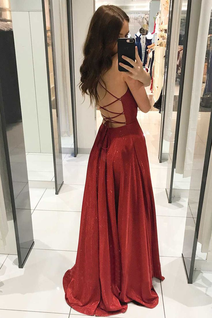 Red Spaghetti Straps V-neck Long Prom Dress, Shiny A Line Party Gown Y6163