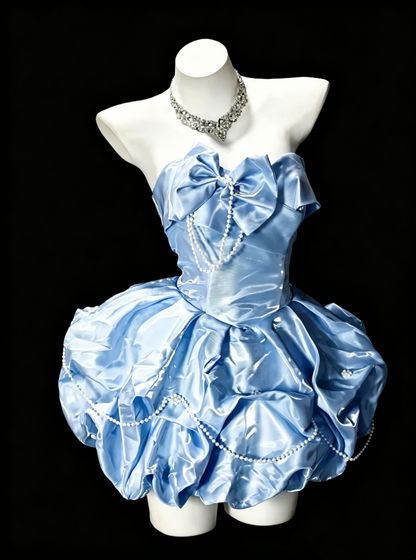 Pretty Blue Strapless Satin Pleated A Line Short 9th Grade Homecoming Dress,Mini 16th Birthday Outfits SP3166