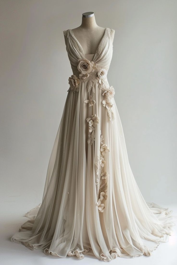 Charming V Neck Chiifon Appliques Beaded Wedding Dress Y8032