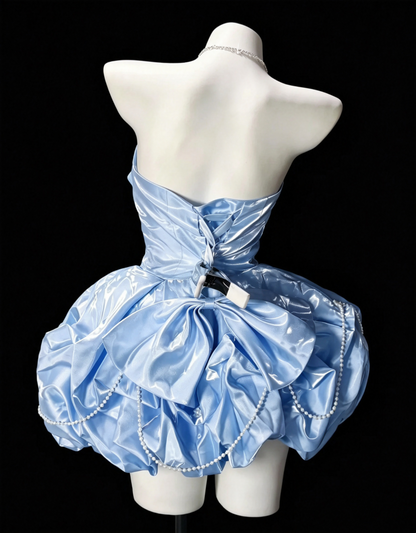 Pretty Blue Strapless Satin Pleated A Line Short 9th Grade Homecoming Dress,Mini 16th Birthday Outfits SP3166