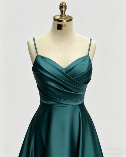 Green Women Satin Cheap Prom Dresses A Line Spaghetti Straps Long Girls Formal Evening Party Gowns Christmas Wears  Y4578