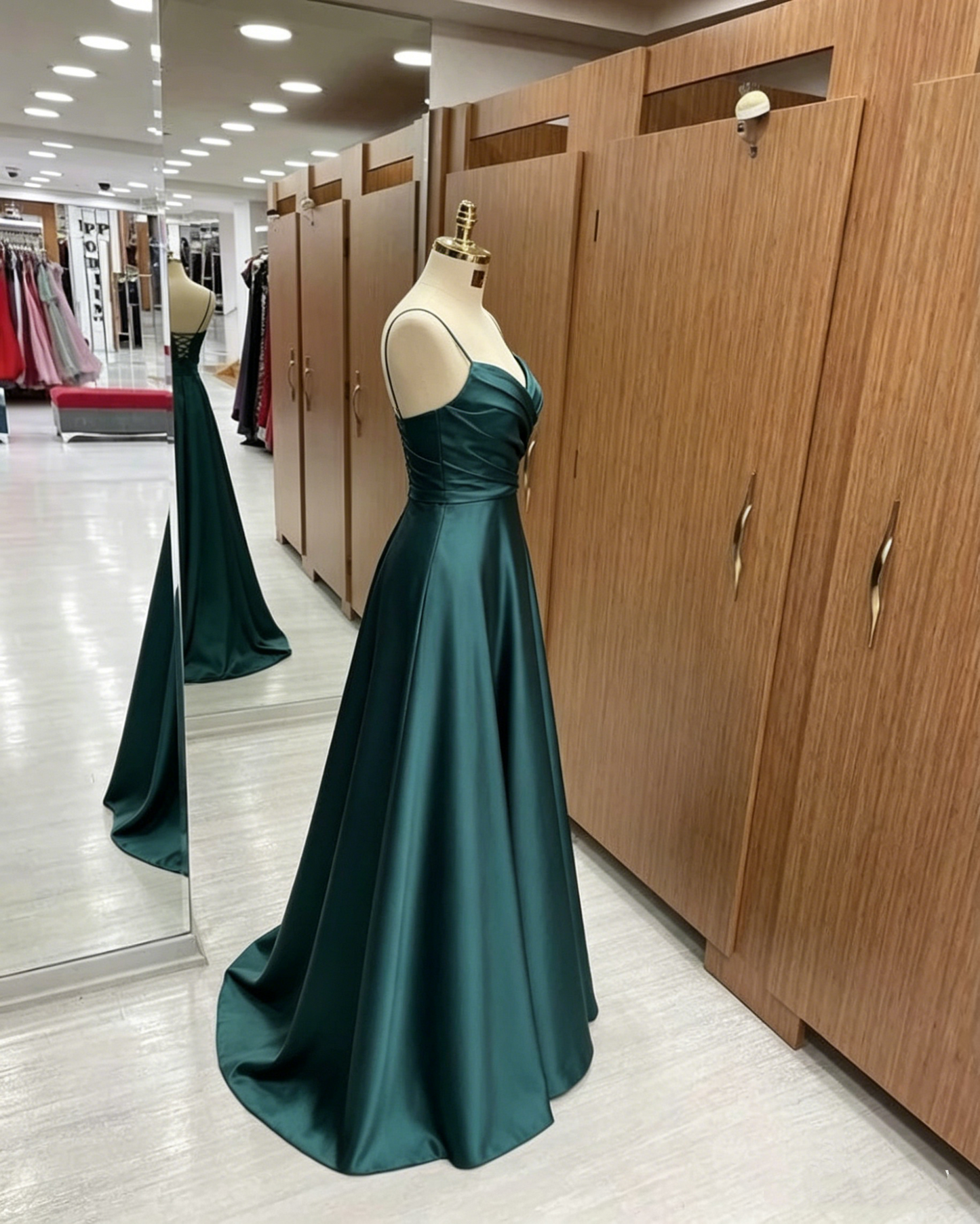 Green Women Satin Cheap Prom Dresses A Line Spaghetti Straps Long Girls Formal Evening Party Gowns Christmas Wears  Y4578