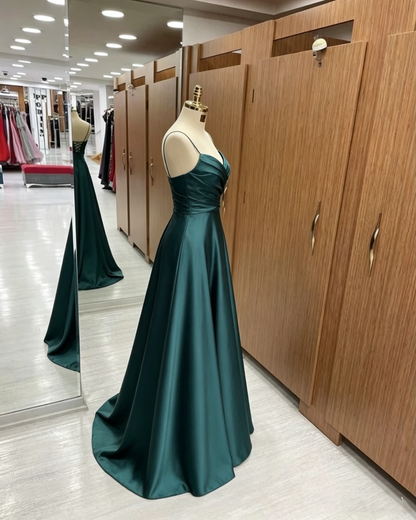 Green Women Satin Cheap Prom Dresses A Line Spaghetti Straps Long Girls Formal Evening Party Gowns Christmas Wears  Y4578