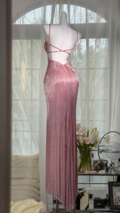 Elegant Spaghetti Straps Pink Butterfly Sequin Beaded Chiffon Slit Mermaid Long Prom Dress Backless Evening Gown SP2182
