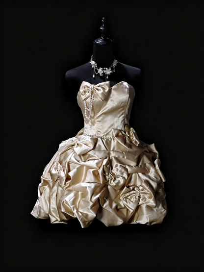 Charming Champagne Satin Pleated Bow A Line Short Birthday Dress Homecoming Dress SP3169