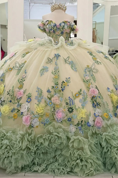 Charming Off The Shoulder Light Green Tulle Pleated Floral Birthday Quinceanera Dress Sweet 16 Dress SP4290