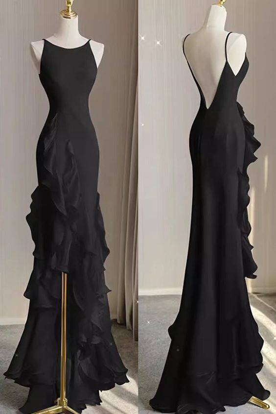 Simple Mermaid Beach Black Evening Dress with Ruffles, Spaghetti Straps Backless Prom Gown Y5652