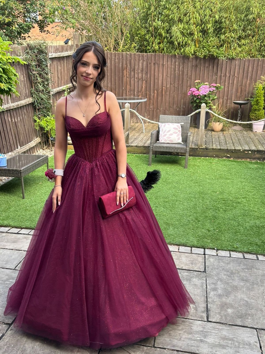 Pretty Burgundy Tulle Sequin A Line Party Dress Long Prom Dresses SP458