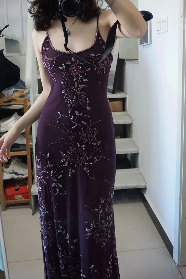 Gorgeous Spaghetti Straps Chiffon Beaded Mermaid Evening Dress Purple Long Birthday Dress SP2109
