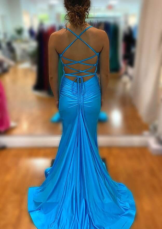 Mermaid V-Neck Sweep Train Blue Prom Dress with Split Y6312