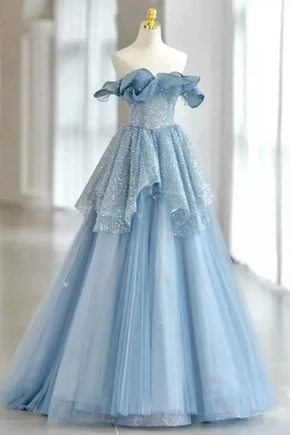 Light Sky Blue Off The Shoulder Tulle Prom Dress, Sparkly Long Party Gown Y3082