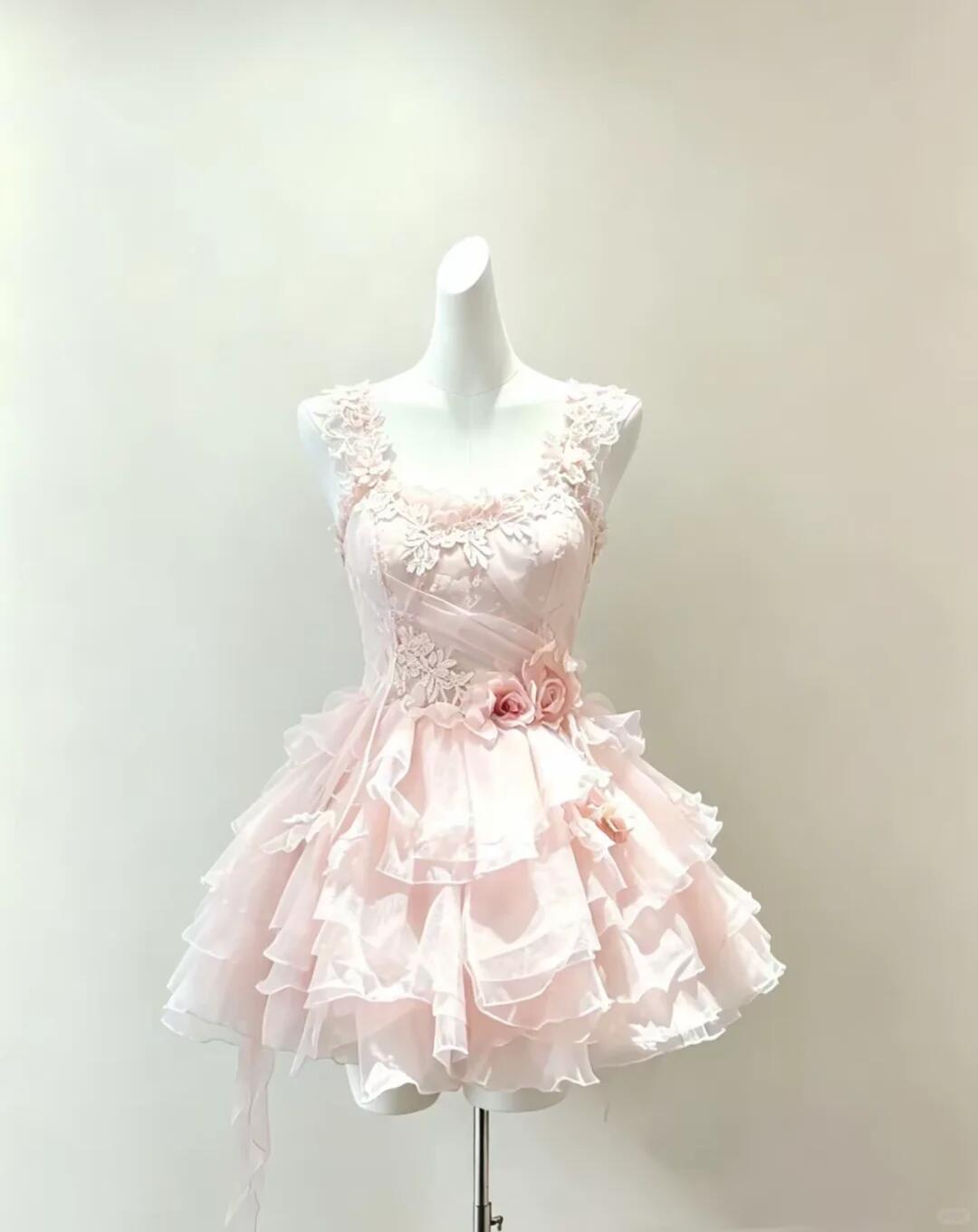 Elegant Spaghetti Straps A Line Mini Birthday Outfits,Pink Chiffon Layered Appliques Short Homecoming Dress SP2514