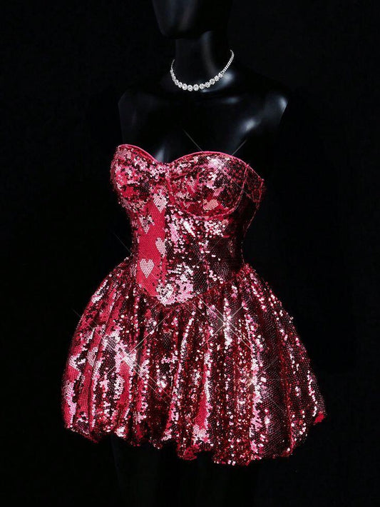 Sparkly Burgundy Sequin A Line Mini Homecoming Dress,Sweetheart Neck Short 15th Birthday Outfits SP3143