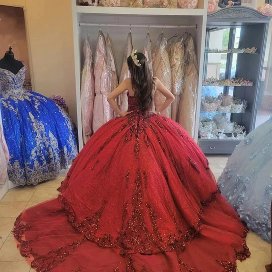Red New Quinceanera Dresses Sequin Beading Appliques Sweetheart Formal Party Princess Ball Gowns Vestidos Y4257