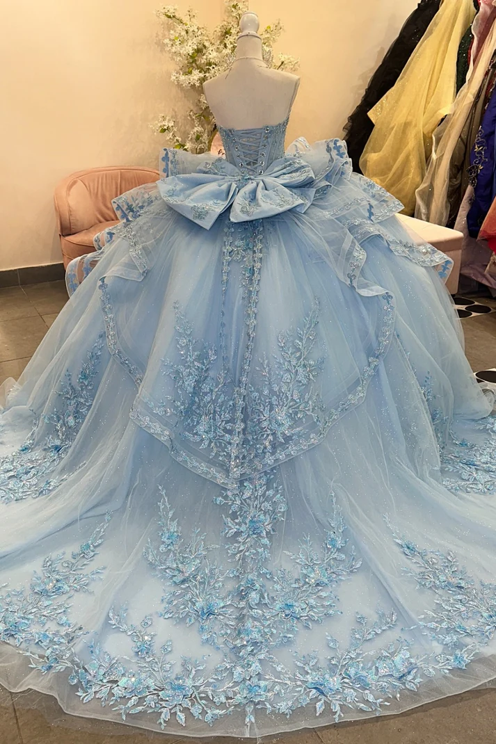 Pretty Strapless Blue Tulle Sequins Appliques Ruffles Tiered Bow Knot Sweet 15 Dress Quinceanera Dress SP571