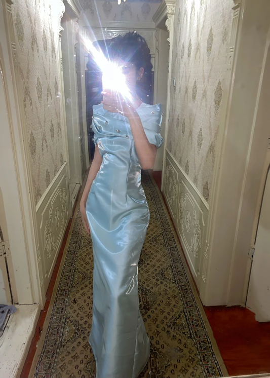 Gorgeous Blue Satin Beaded Mermaid Long Party Dress Formal Guest Dress  SP300
