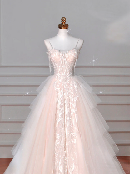 Classy Light Pink Tulle A Line Formal Long Prom Dress Evening Dress Y8623