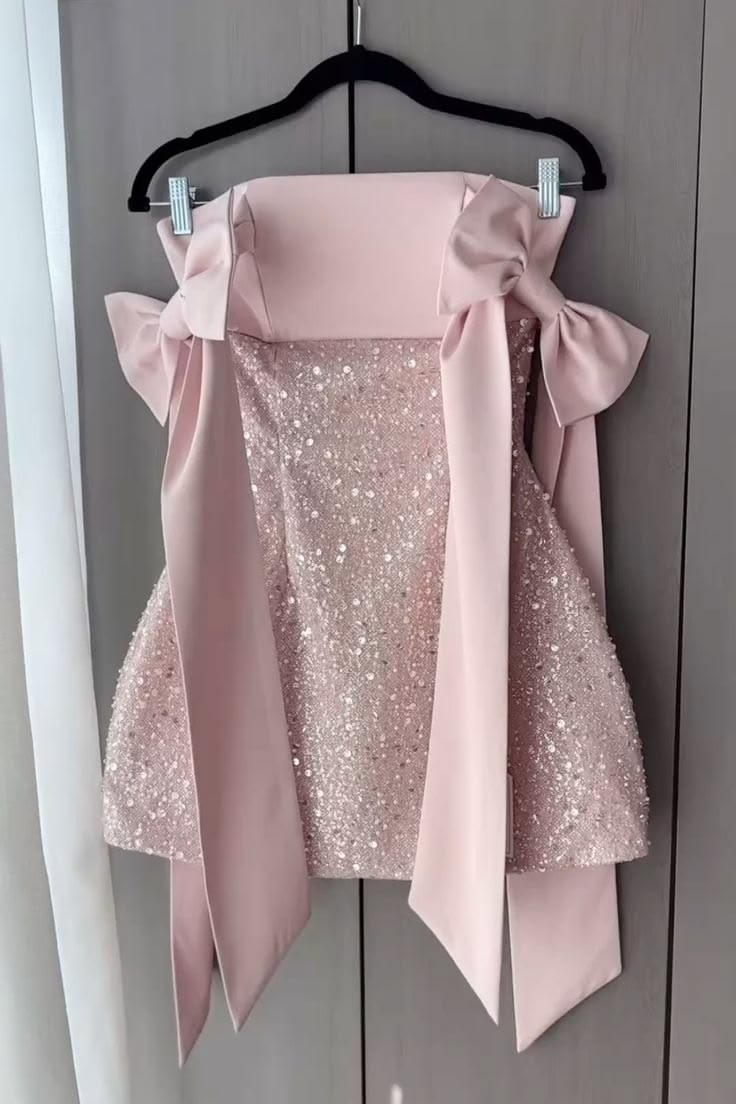 Classy Pink Bow Straps Satin Sequin Short Homecoming Dress Formal 15th Birthday Outfits SP2643
