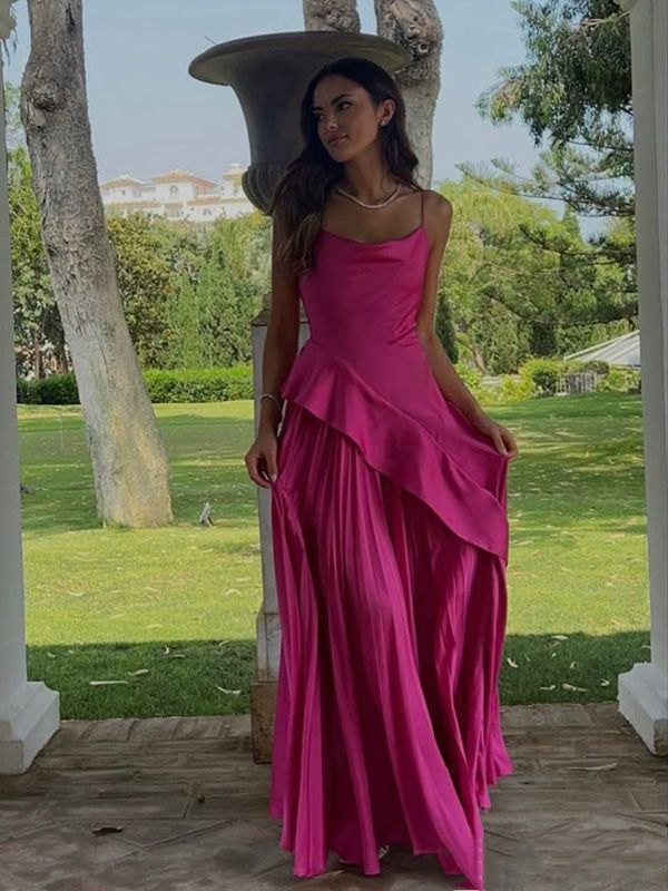 Charming Spaghetti Straps Hot Pink Satin Pleated A Line Long Evening Gown Formal Wedding Guest Dress SP335